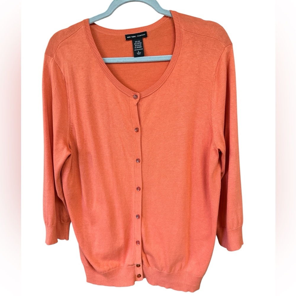 New York & Company Orange Scoop Neck Silk Blend 3/4 Sleeve Cardigan Sweater L